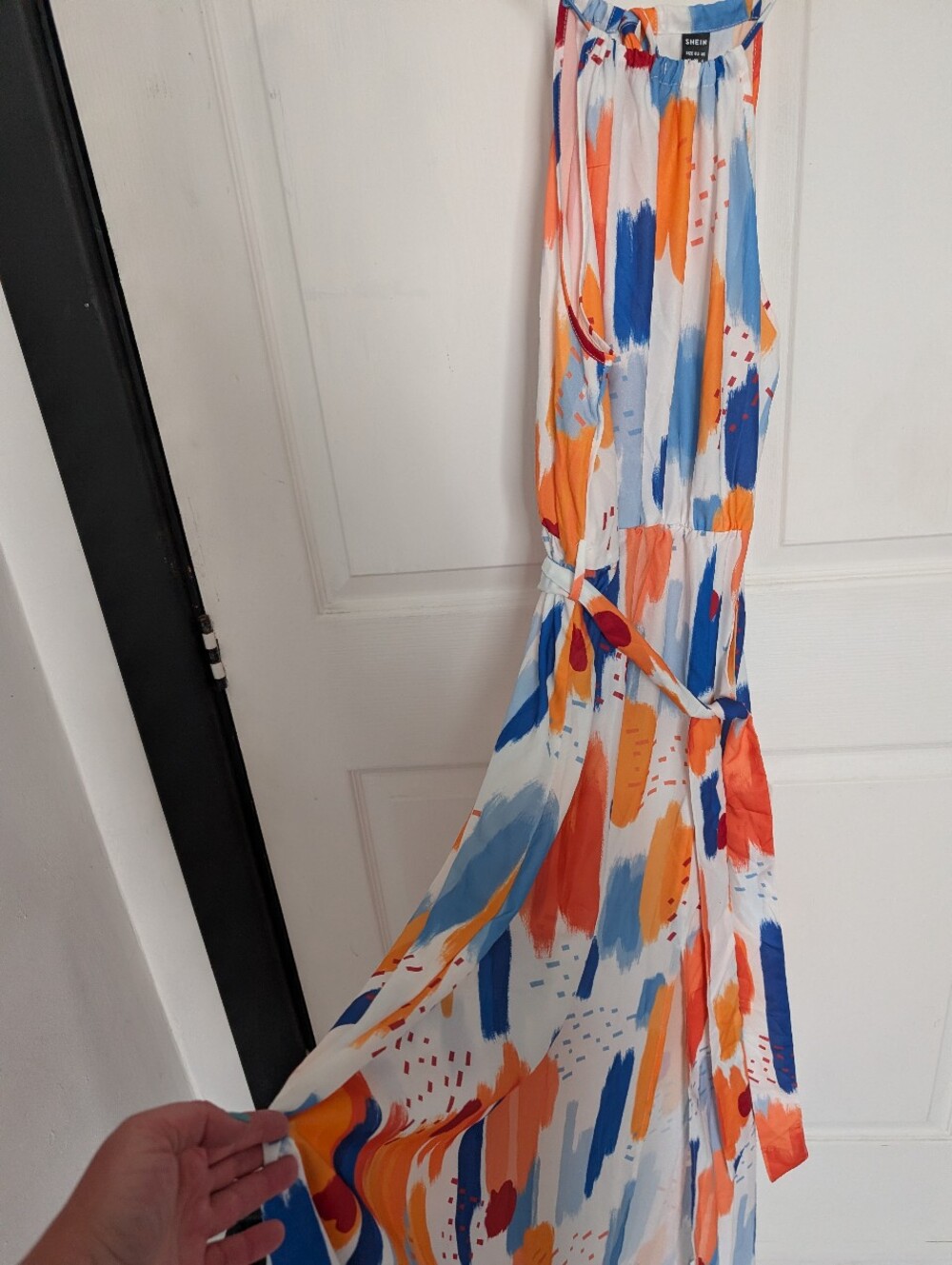 SHEIN White Maxi Dress with Blue & Orange Brushstroke Print NWT